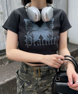 WEGO バタフライプリントリブT ブラック