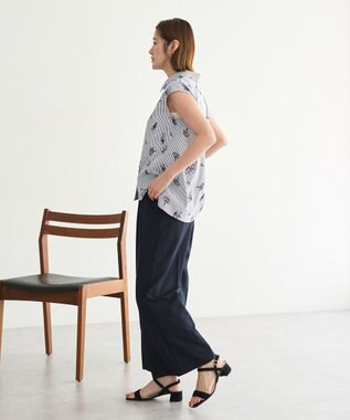 YECCA VECCA ストライプ柄フラワー刺繍シャツ Navy