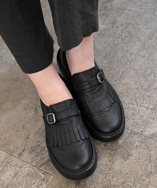 Pointer 日本製 本革フリンジ付き厚底ローファー ブラック