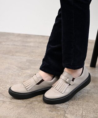 Pointer 日本製 本革フリンジ付き厚底ローファー ライトグレー