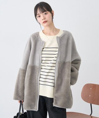 earth music&ecology 【リバーシブル】ノーカラーフェイクムートンコート Khaki