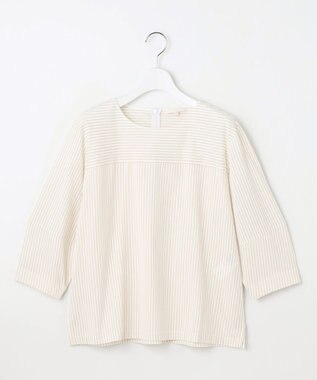 自由区 L 【接触冷感・UVカット・洗える】ストライプコットンハイゲージフォルムスリーブ カットソー オフ×シナモン