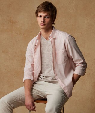 JOSEPH ABBOUD 【サスティナブル・７分袖】コットンリヨセルリネンコードストライプ シャツ オレンジ系1