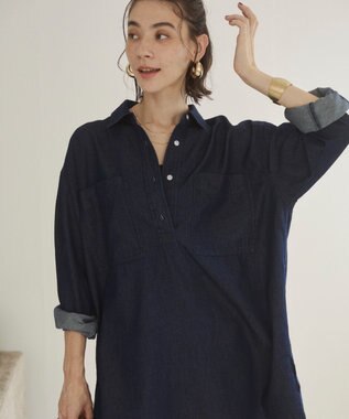 WEGO 【ANGIE VINTAGE】襟が選べる デニム チュニック シャツ （バンドカラー/レギュラーカラー） Dブルー