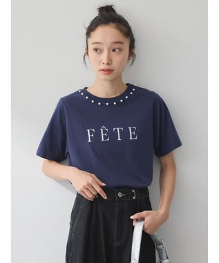 earth music&ecology 襟パール刺繍ロゴＴシャツ Navy