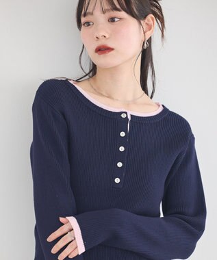 earth music&ecology バイカラーヘンリーネックニットプルオーバー