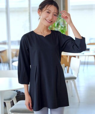 Tiaclasse リボン付きタックフレアチュニック ネイビー