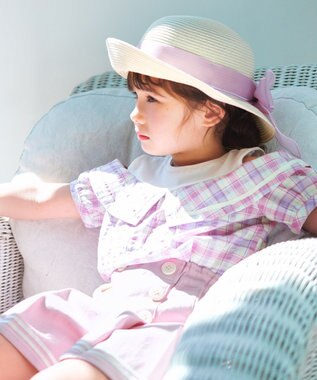 ANY KIDS チェック オフショルダー ブラウス ピンク