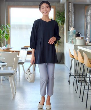 Tiaclasse リボン付きタックフレアチュニック ネイビー