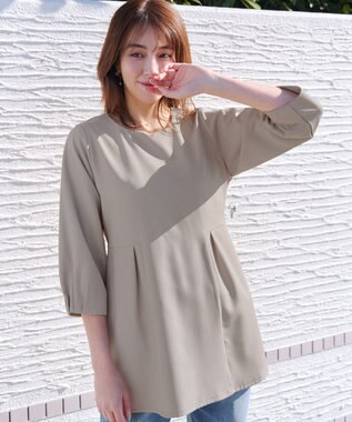 Tiaclasse リボン付きタックフレアチュニック グレージュ