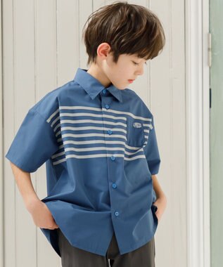 J.PRESS KIDS 【140-170cm】TCブロード パネルボーダープリント シャツ ダルブルー系