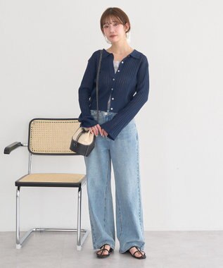 earth music&ecology 透かし編みフレアスリーブカーデガン Navy