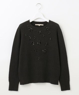 自由区 【洗える】テクスチャーコットンブレンド ビジューデザインニット ネイビー系