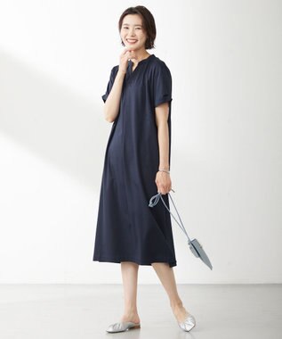 J.PRESS LADIES 【接触冷感・UVケア】コンパクトコットンスムース バンドカラー ワンピース ネイビー系