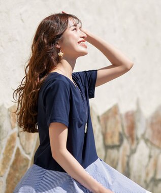 Tiaclasse L 【洗える】イレギュラーヘムチュニックブラウス ネイビー×ブルーストライプ