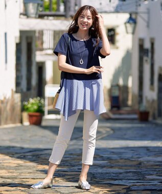 Tiaclasse 【洗える】イレギュラーヘムチュニックブラウス ネイビー×ブルーストライプ