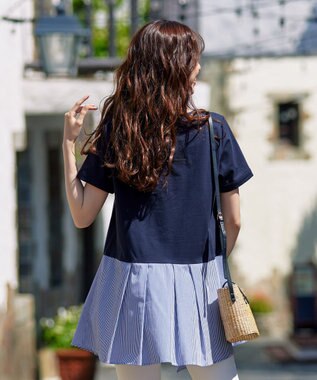Tiaclasse 【洗える】イレギュラーヘムチュニックブラウス ネイビー×ブルーストライプ