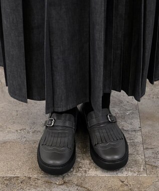 Pointer 日本製 本革フリンジ付き厚底ローファー グレー