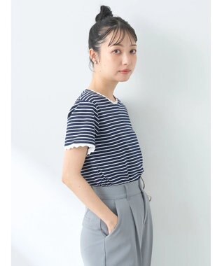 earth music&ecology バイカラースカラッププルオーバー Border Navy