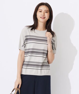 J.PRESS LADIES L 【洗える】レーヨンエリートストレッチ ボーダー ドルマン ニット グレージュ×ブラック系1