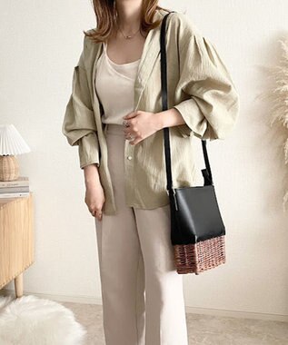 LA BAGAGERIE 【maison vert】【柳バスケット使用】コンビスクエアかごバッグ ブラック