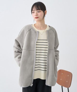 earth music&ecology 【リバーシブル】ノーカラーフェイクムートンコート Khaki