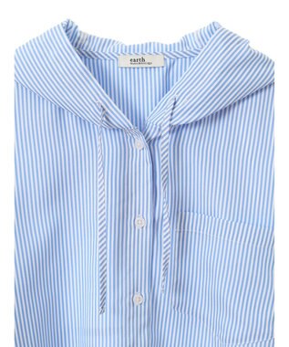 earth music&ecology フーディーシャツ Stripe Blue