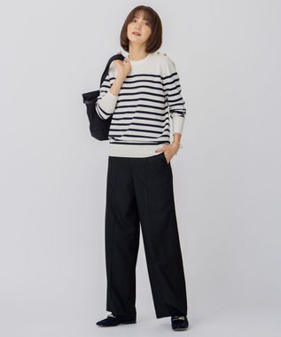 23区 L 【CLASSY.12月号掲載】セミウーステッドウール 肩ボタン ボーダー ニット オフホワイト×ネイビーボーダー