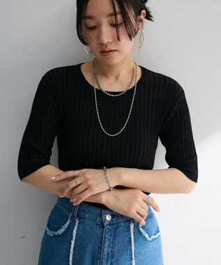 Green Parks 配色リブニットプルオーバー Black