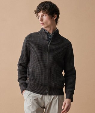 JOSEPH ABBOUD 【キングサイズ・3シーズン活躍する綿ブレンド】コットンアクリルバルキー ジップニット ブルゾン ダークブラウン系