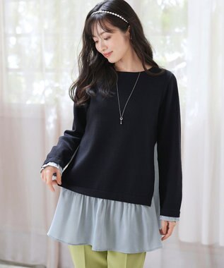 Tiaclasse 【洗える】ヴィンテージサテンニットコンビチュニック ブラック