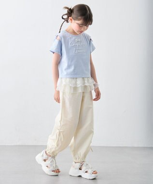 ANY KIDS 【洗濯機可能】肩あき ロゴ刺繍Tシャツ サックスブルー