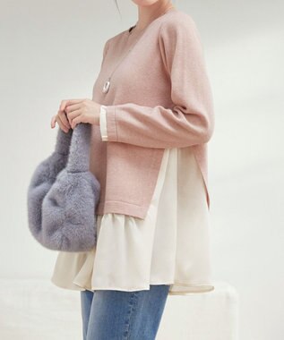 Tiaclasse 【洗える】ヴィンテージサテンニットコンビチュニック ピンク