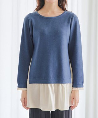Tiaclasse 【洗える】ヴィンテージサテンニットコンビチュニック ブルー