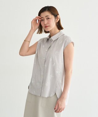 YECCA VECCA ストライプ柄フラワー刺繍シャツ Beige