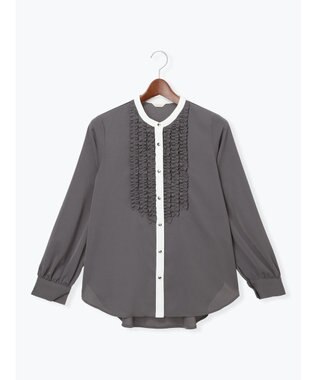 Te chichi フロントフリルバイカラーブラウス チャコールグレー