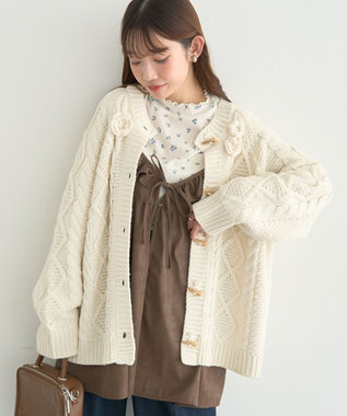 earth music&ecology 【一部予約】フラワーモチーフトグルボタンニットカーディガン