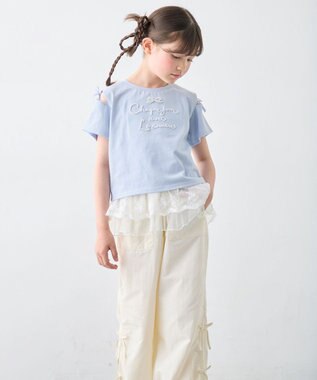 ANY KIDS 【洗濯機可能】肩あき ロゴ刺繍Tシャツ サックスブルー