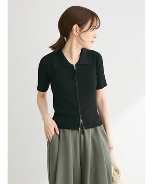 Green Parks ５分袖衿付きＺｉｐプルオーバー Black