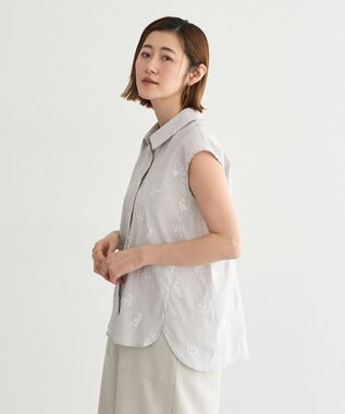 YECCA VECCA ストライプ柄フラワー刺繍シャツ Beige