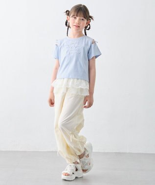 ANY KIDS 【洗濯機可能】肩あき ロゴ刺繍Tシャツ サックスブルー