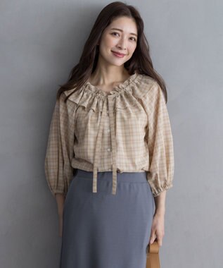 組曲 S ライトトロピカルロールネック ブラウス ベージュ系3