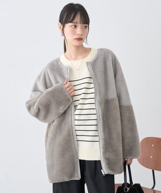 earth music&ecology 【リバーシブル】ノーカラーフェイクムートンコート Khaki