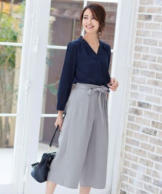 Tiaclasse L 【洗える】涼しく穿けるドライタッチ生地を使用したクロップドワイドパンツ グレーストライプ