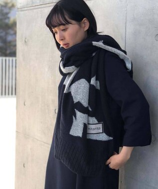 nitorito 【UNISEX】bonfula 牛と花モチーフ柄 ストール navy