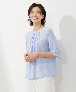 J.PRESS LADIES L 【イージーケア】 STRIPE JERSEY ボリュームスリーブ カットソー サックスブルー系1