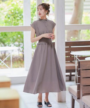 Tiaclasse 【洗える】麻調シャーリングハイネックワンピース モカ