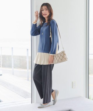 Tiaclasse 【洗える】ヴィンテージサテンニットコンビチュニック ブルー