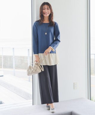 Tiaclasse 【洗える】ヴィンテージサテンニットコンビチュニック ブルー