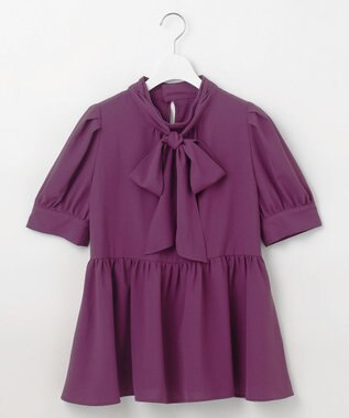 Feroux 【洗える】ペプラム ボウタイブラウス パープル系